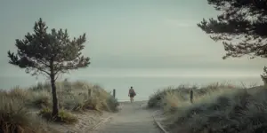 Person walking along a peaceful coastal path at sunrise, representing the journey of recovery and hope