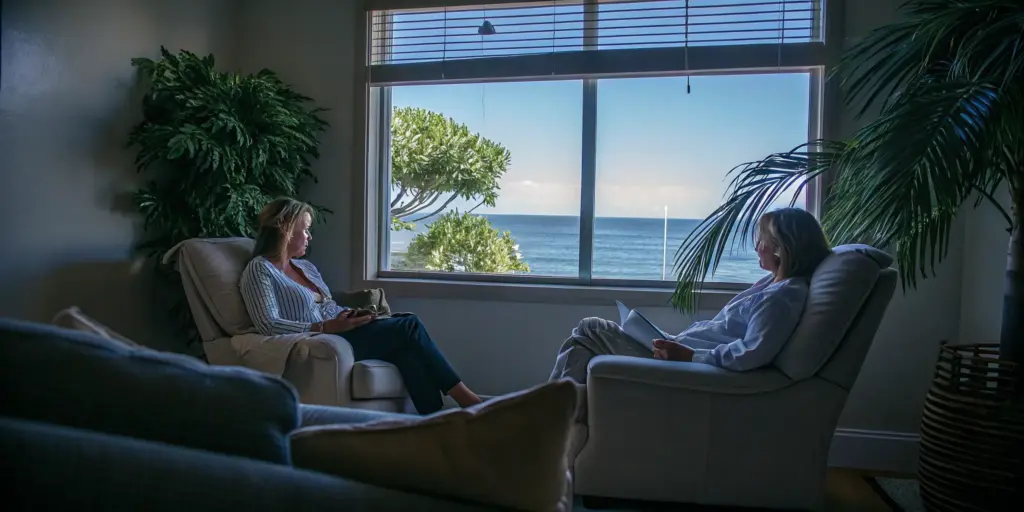 Private therapy room with comfortable seating and natural coastal light at a luxury treatment center