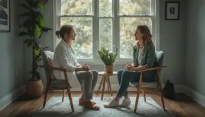 Clinician speaking with an adult client about ADHD and substance use dual diagnosis Boston care