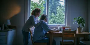 Adult daughter sitting with her father at a kitchen table, leaning forward in a caring conversation