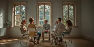 Group of adults sitting in a circle in a warm community room for a peer support meeting
