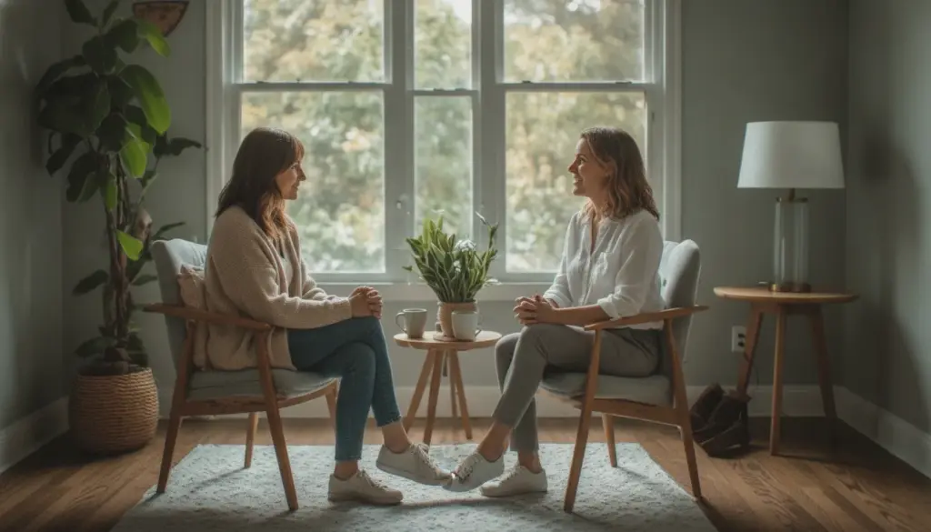 Healthcare professional speaking privately with an adult in a calm recovery setting