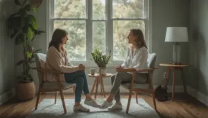 Healthcare professional speaking privately with an adult in a calm recovery setting