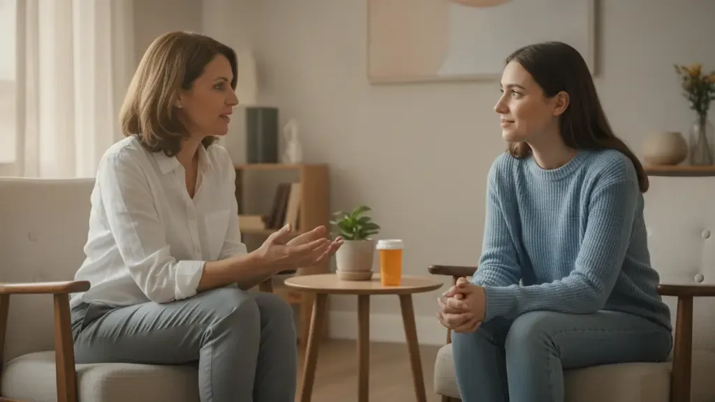 Clinician speaking privately with an adult about Adderall safety and detection windows