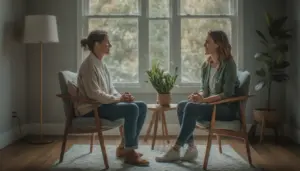 Two adults speaking privately in a calm consultation room