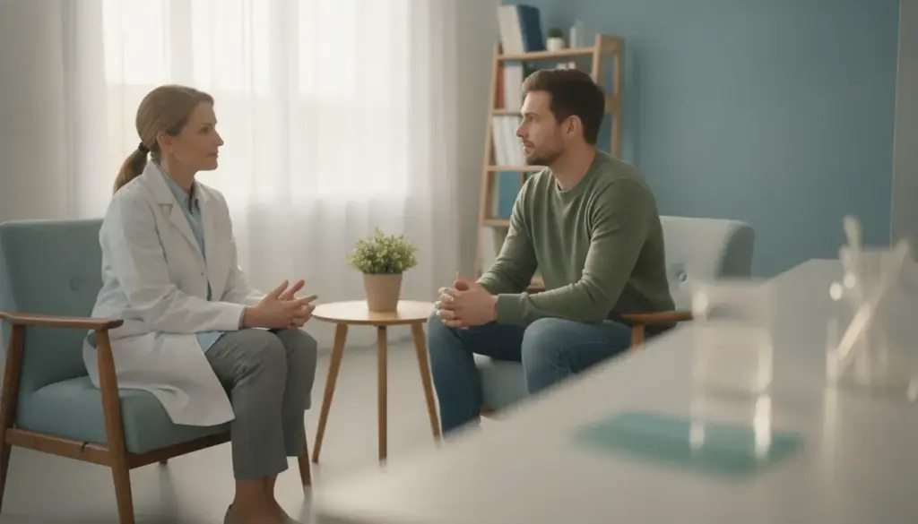 Clinician and patient discussing fentanyl detection testing in a private medical consultation