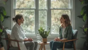 Clinician discussing medication safety with an adult patient in a private consultation