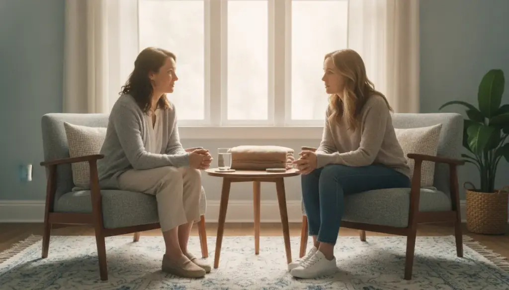 Clinician speaking with an adult patient in a calm private setting during opioid withdrawal support