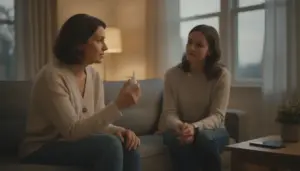 A caregiver holds a naloxone nasal spray while discussing overdose response with a family member
